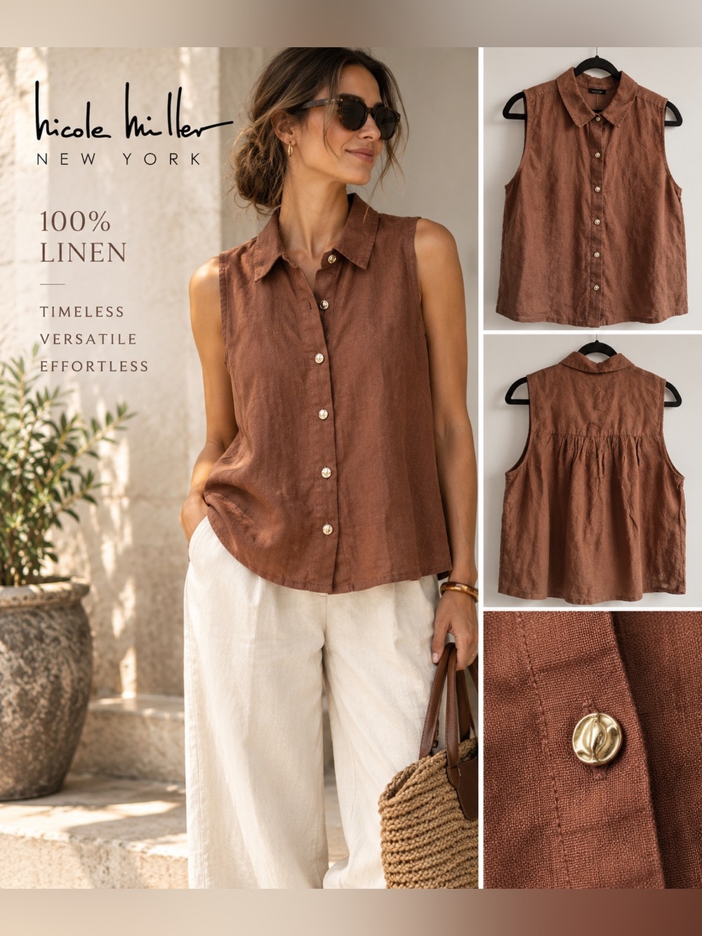 Nicole Miller New York 100% Linen Sleeveless Button Down Top Brown Size L NWT
